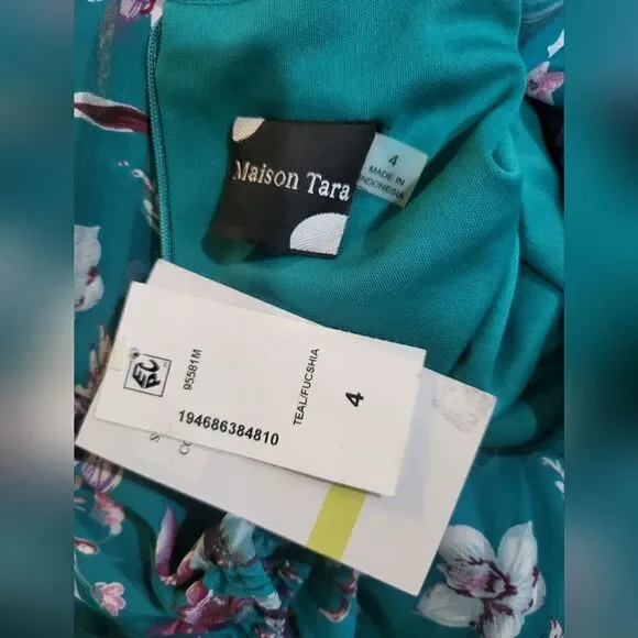 MAISON TARA Floral-Print Pleated Midi Dress NWT size 4 Teal/Blue - Picture 5 of 5